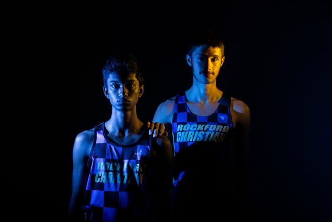 Andrew Kurien, junior track athlete from Rockford Christian School, left, and Weston Forward, senior track athlete from Rockford Christian School on Sunday, April 7, 2024, at the Talcott Building in downtown Rockford.